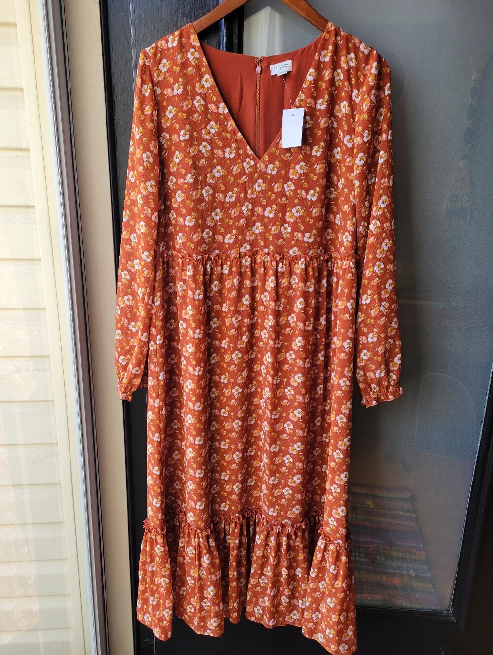 J. Crew Crinkle Midi flounce Women's Orange White Dress Zip Lined MSRP $110 New - Picture 2 of 13